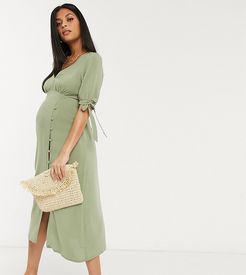 ASOS DESIGN Maternity v neck midi tea dress with buttons and tie sleeves in khaki-Green