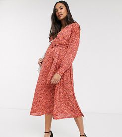 ASOS DESIGN Maternity wrap midi dress with belt in red ditsy-Multi