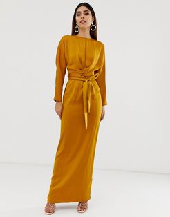 maxi dress with batwing sleeve and wrap waist in satin-Yellow