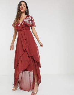 maxi dress with cape back and dipped hem in embroidery-Red