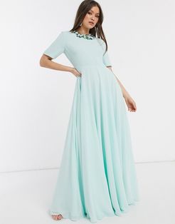 maxi dress with short sleeve and 3D embellished neckline-Green