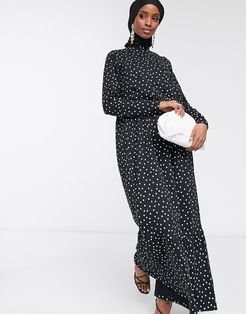 maxi tiered dress in black polka dot