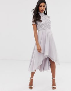 midi dress with short sleeve embellished bodice-Multi