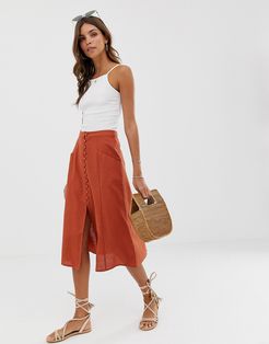 midi skirt with button front-Red