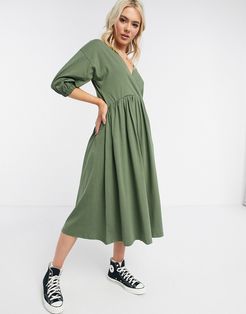 midi smock dress with wrap top in khaki-Green