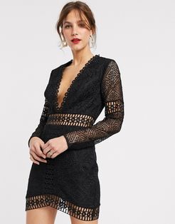 mini dress with long sleeve in lace-Black