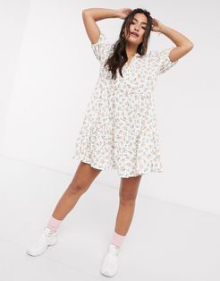 mini smock dress with v neck in floral print-White