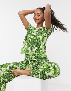 mix & match palm print pyjama tee in green-Multi