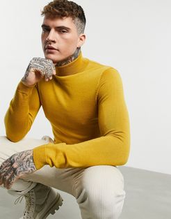 muscle fit merino wool rollneck sweater in mustard-Yellow