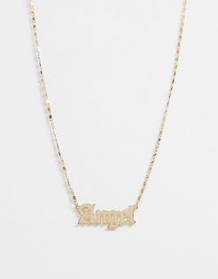 necklace with angel gothic font in gold tone