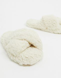 Neve cross strap slider slippers in cream borg-White