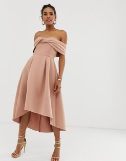 off shoulder bardot midi prom dress-Brown