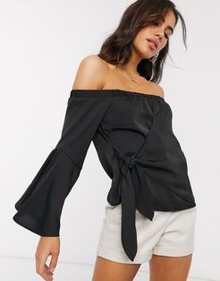 off shoulder drape wrap top in satin in black