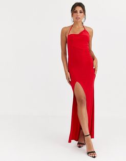 one shoulder asymmetric slinky maxi dress-Red