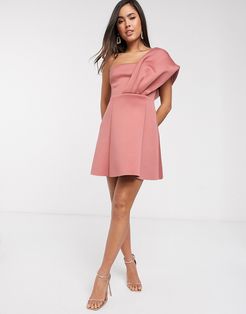 one shoulder scuba aline mini dress in rose-Pink