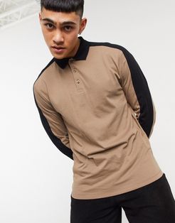 organic long sleeve polo shirt with contrast shoulder panels in brown