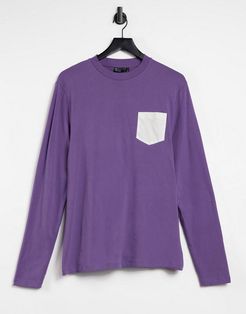 organic long sleeve t-shirt with contrast pocket in purple