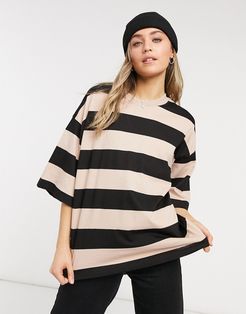 oversized boxy T-shirt with chunky stripe in tan and black-Multi