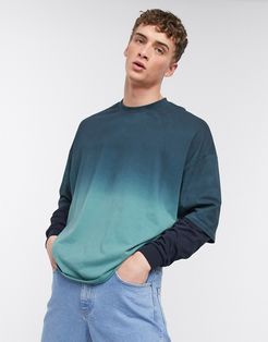 oversized double layer long sleeve t-shirt with dip dye wash-Green