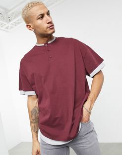 oversized double layer t-shirt with granddad neck burgundy-Red
