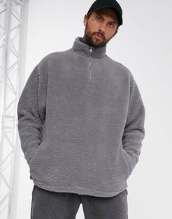 oversized half zip track neck sweatshirt in gray teddy borg-Grey