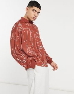 oversized long sleeve polo with all over line face print-Brown