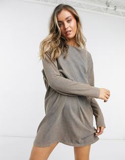 oversized long sleeve t-shirt dress in tan acid wash-Beige