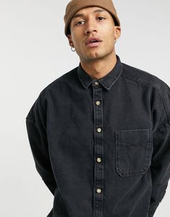 oversized longline organic denim shirt in washed black-Grey