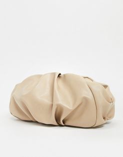 oversized ruched clutch bag in beige-White