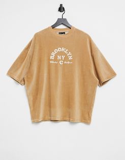 oversized t-shirt in tan cord with Brooklyn print-Neutral