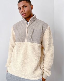 oversized teddy half zip sweatshirt with onion quilted nylon panels-Neutral