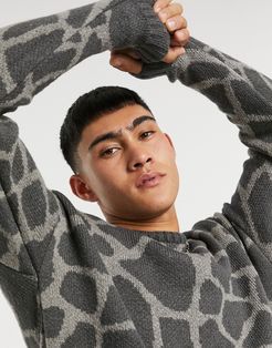 oversized textured knit sweater with animal design-Grey