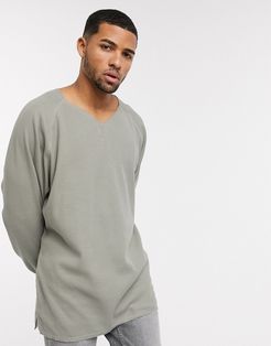 oversized waffle long sleeve t-shirt with notch neck in washed khaki-Green