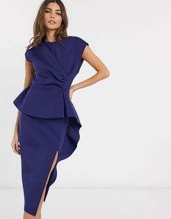peplum pencil midi dress with tuck detail in navy