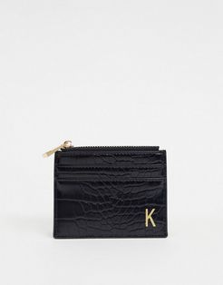 personalized K coin purse & cardholder in black croc