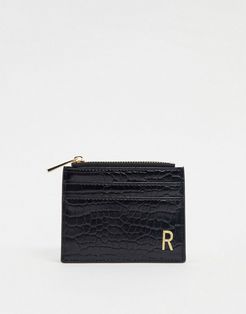 personalized R coin purse & cardholder in black croc