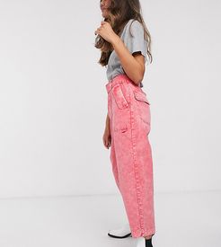 ASOS DESIGN Petite balloon leg worker pants with belt in coral acid wash-Red