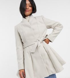 ASOS DESIGN Petite belted skater coat in stone-Neutral