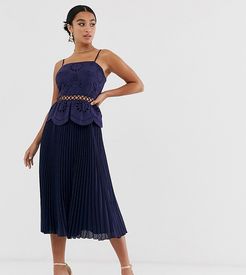 ASOS DESIGN Petite broderie cami midi dress with pleated skirt-Navy