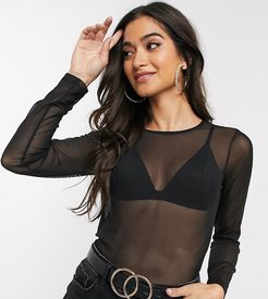 ASOS DESIGN Petite cropped mesh long sleeve top in black