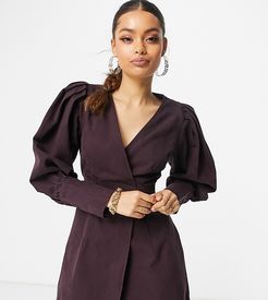 ASOS DESIGN Petite denim puff sleeve wrap dress in plum-Purple