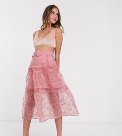 ASOS DESIGN Petite embroidered midi skirt with belt detail in peach-Multi