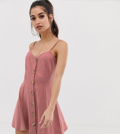 ASOS DESIGN Petite exclusive mini slubby cami swing dress with faux wood buttons-Pink