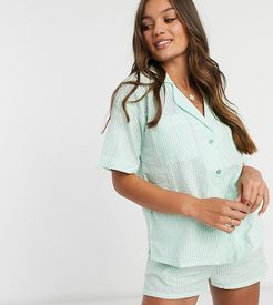 ASOS DESIGN Petite exclusive seersucker drop sleeve shirt & short pajama set in green