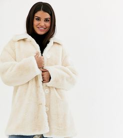 ASOS DESIGN Petite faux fur button through coat in cream-White