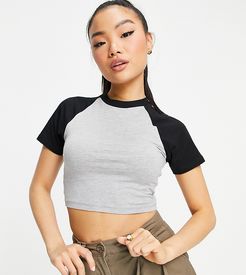 ASOS DESIGN Petite fitted crop top with contrast raglan sleeve in gray and black-Multi