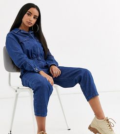 ASOS DESIGN Petite lightweight denim tailored boilersuit in blue-Blues