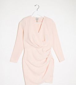 ASOS DESIGN Petite long sleeve pleat front wrap mini dress in blush-Pink