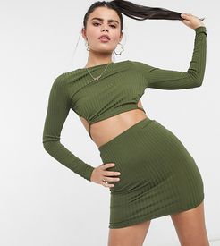 ASOS DESIGN Petite long sleeve strappy rib mini dress in khaki-Green