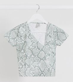 ASOS DESIGN Petite mesh top with asymetrical neck line in snake print-Multi